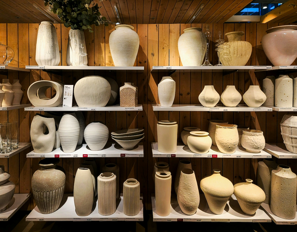 Home decor items on shelves