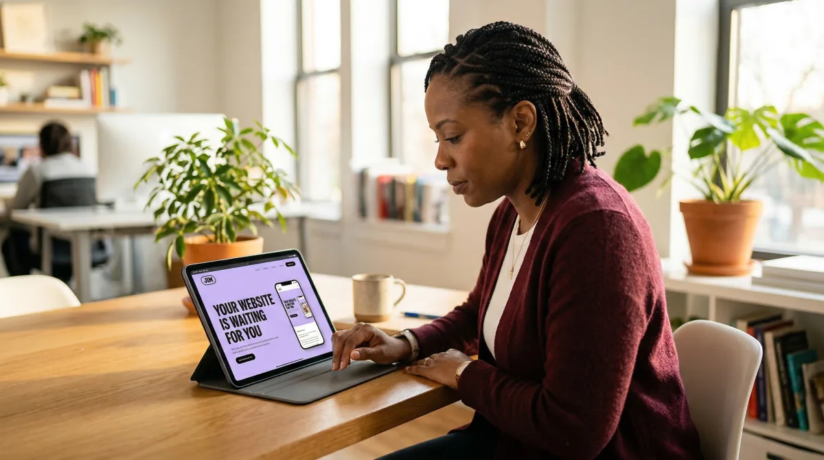 Professional woman in navy blazer gesturing while reviewing nonprofit website builder options on a laptop at an office desk