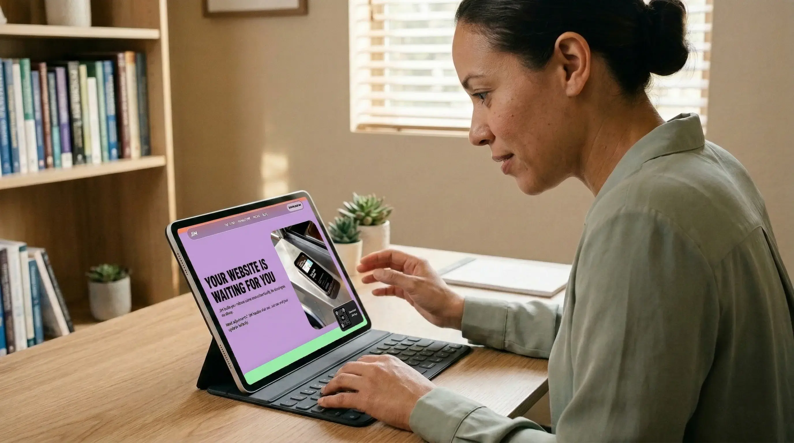 Therapist in olive blouse reviewing her practice website on a smartphone at a wooden desk in a home office with bookshelves