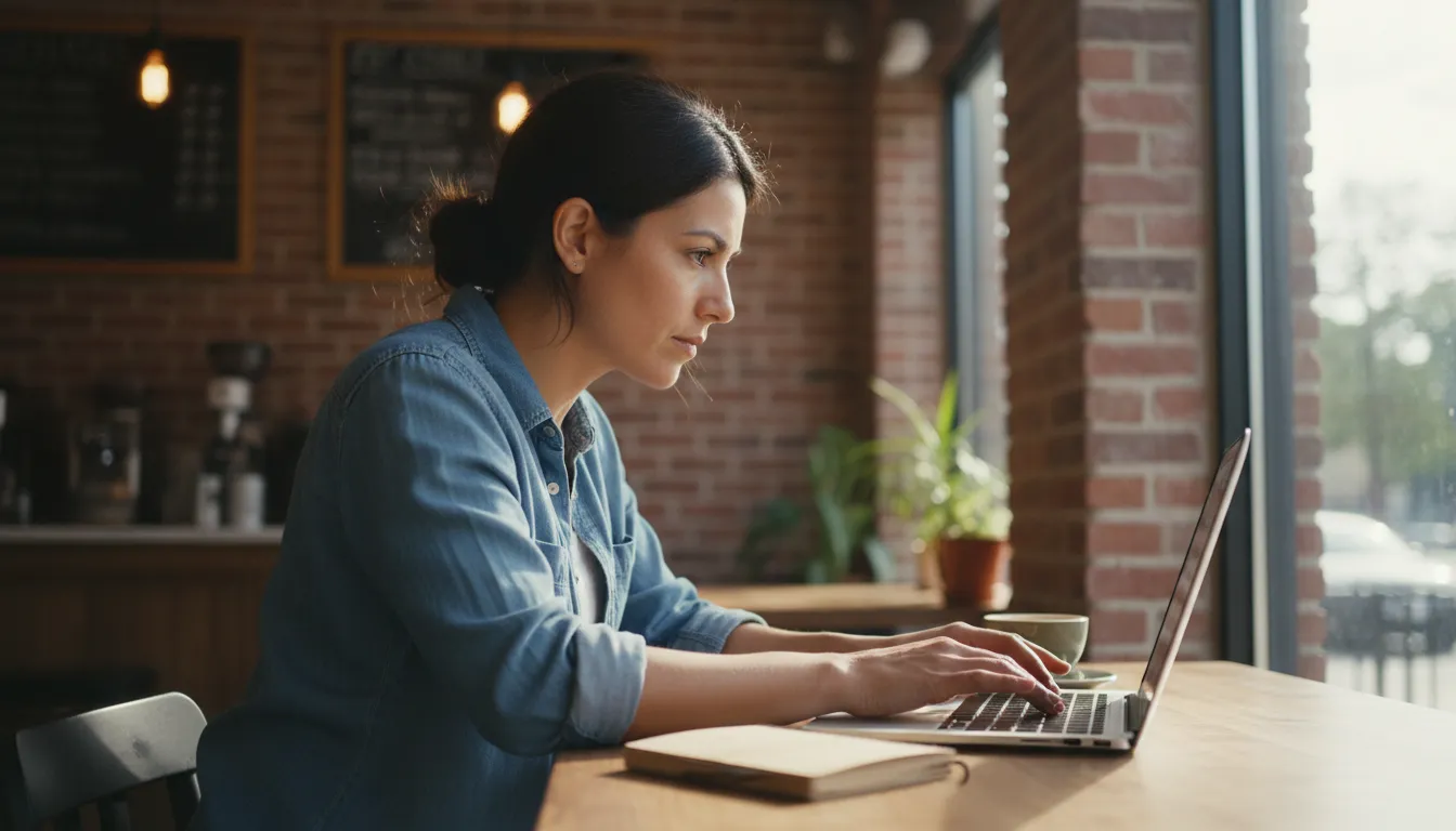 Small business owner in a denim shirt browsing a website builder on a tablet at a brick-walled workspace with shelves and plants