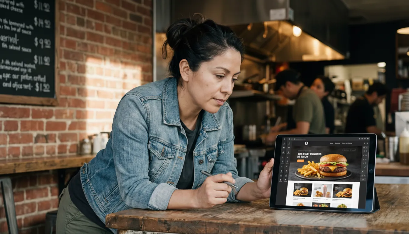 Latina food truck owner in denim jacket reviewing her burger restaurant website on an iPad at a wooden counter, with brick walls and kitchen staff in the background