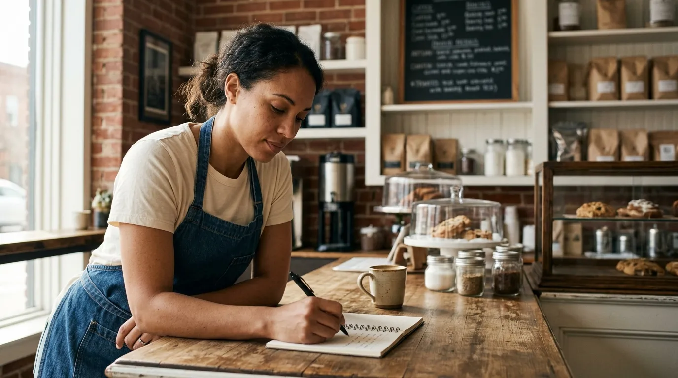 Small business owner working on a laptop at a wooden desk in a home office with bookshelves and natural window light