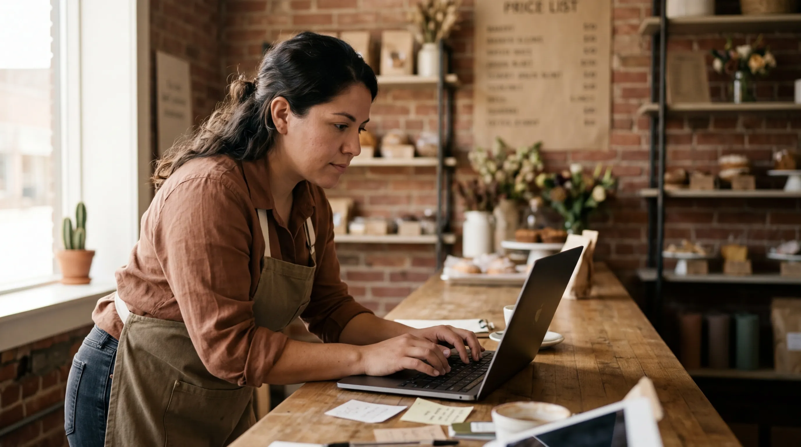 Small business owner in a chambray shirt working on a laptop at a wooden desk, building a website with a dark-themed page editor visible on screen, in a small office with a corkboard and key rack on the wall