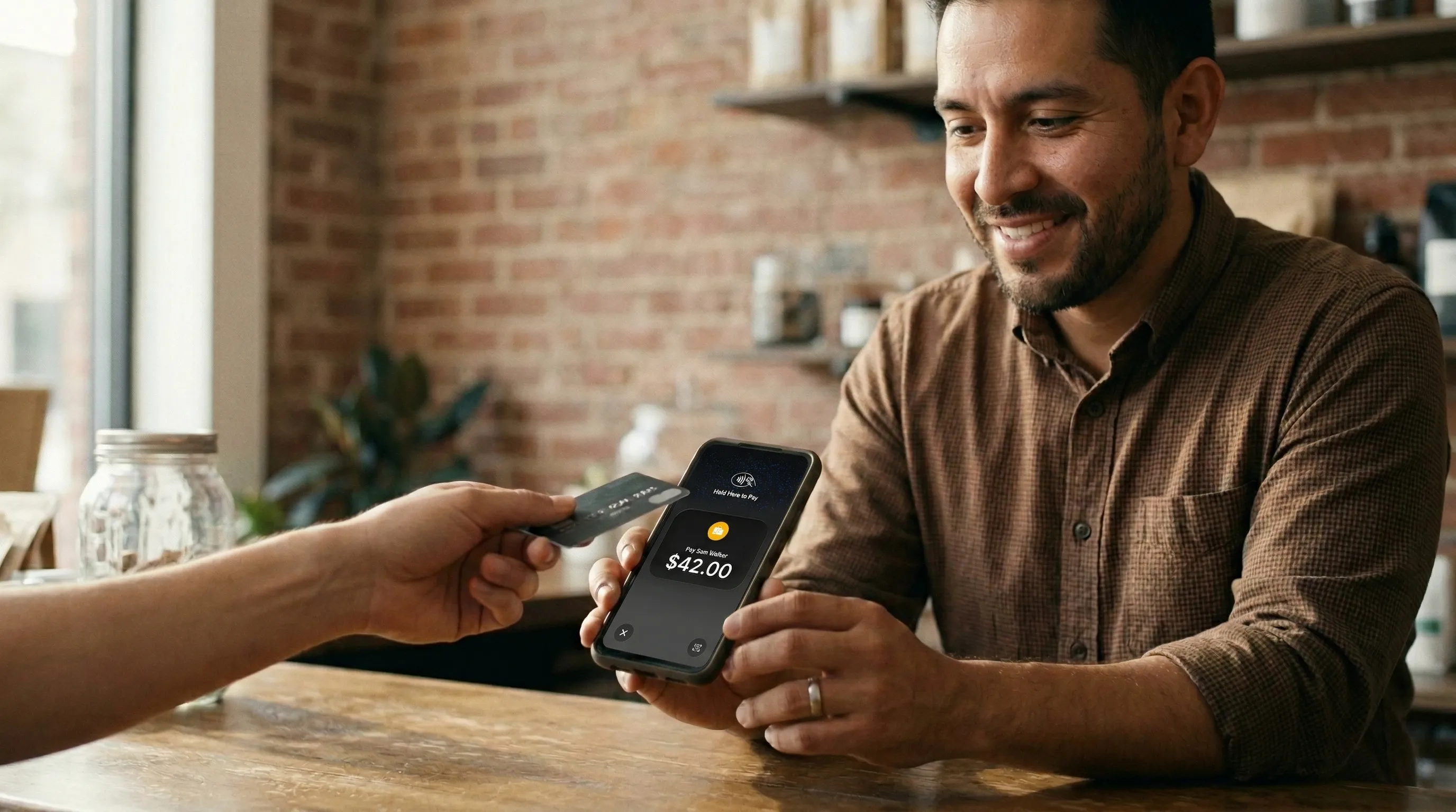 Smiling small business owner behind a counter accepting a contactless card payment on his Android phone displaying a $42.00 charge, brick wall cafe setting