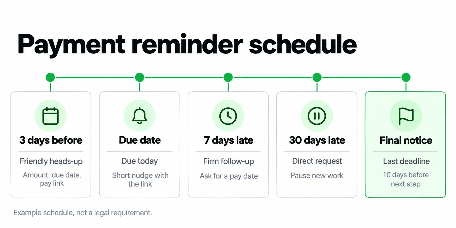 Payment reminder schedule: a heads-up 3 days before, a due date nudge, 7 days late, 30 days late, and a final notice
