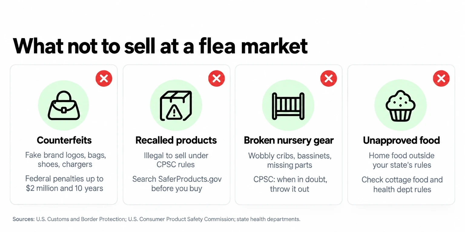 Four things not to sell at a flea market: counterfeits, recalled products, broken nursery gear and unapproved homemade food