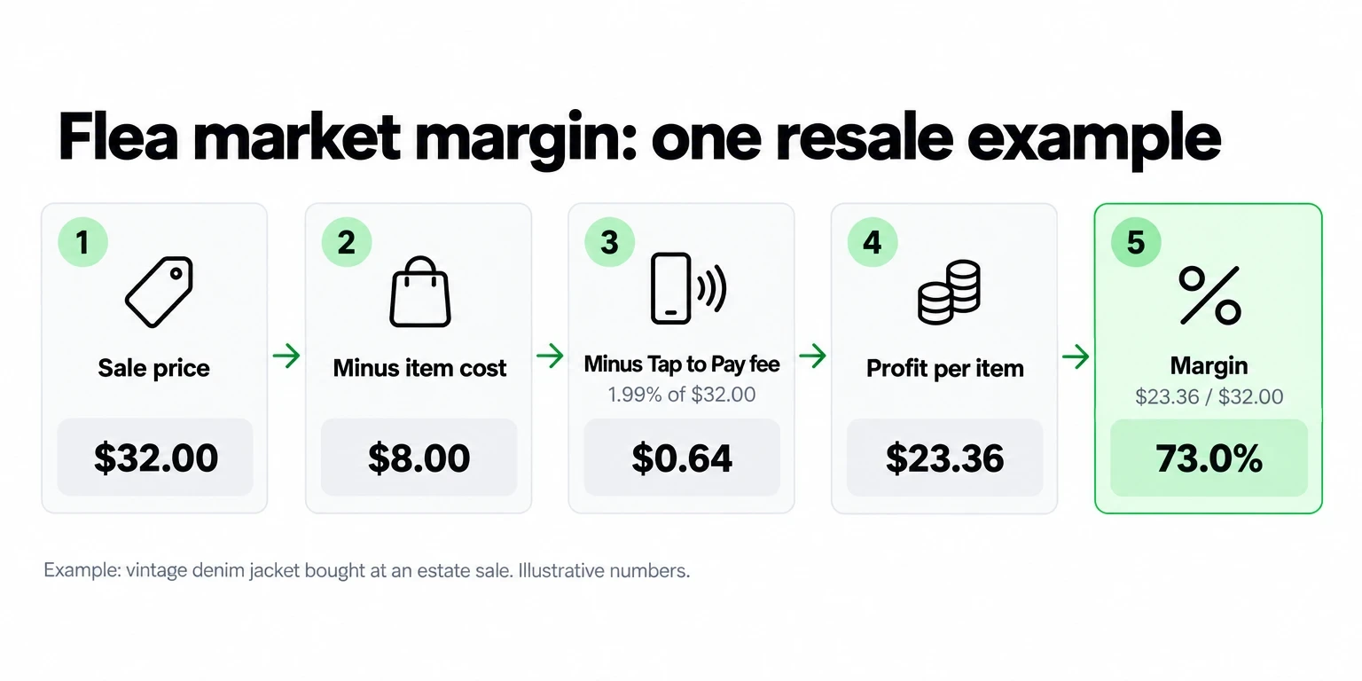 Margin example: $32.00 sale minus $8.00 item cost and $0.64 Tap to Pay fee leaves $23.36 profit, a 73.0% margin