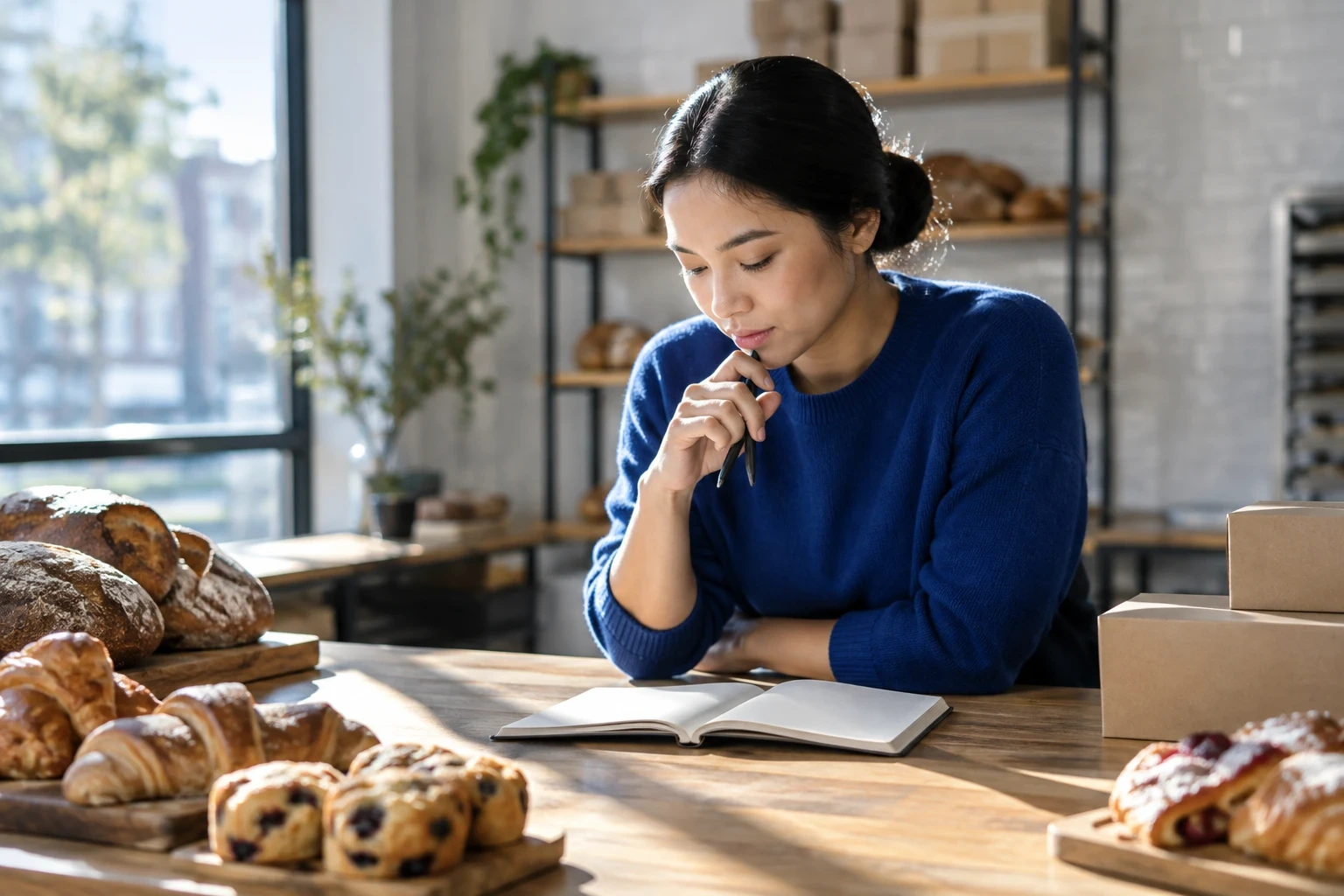 Young bakery owner leaning on her counter, brainstorming business name ideas in an open notebook