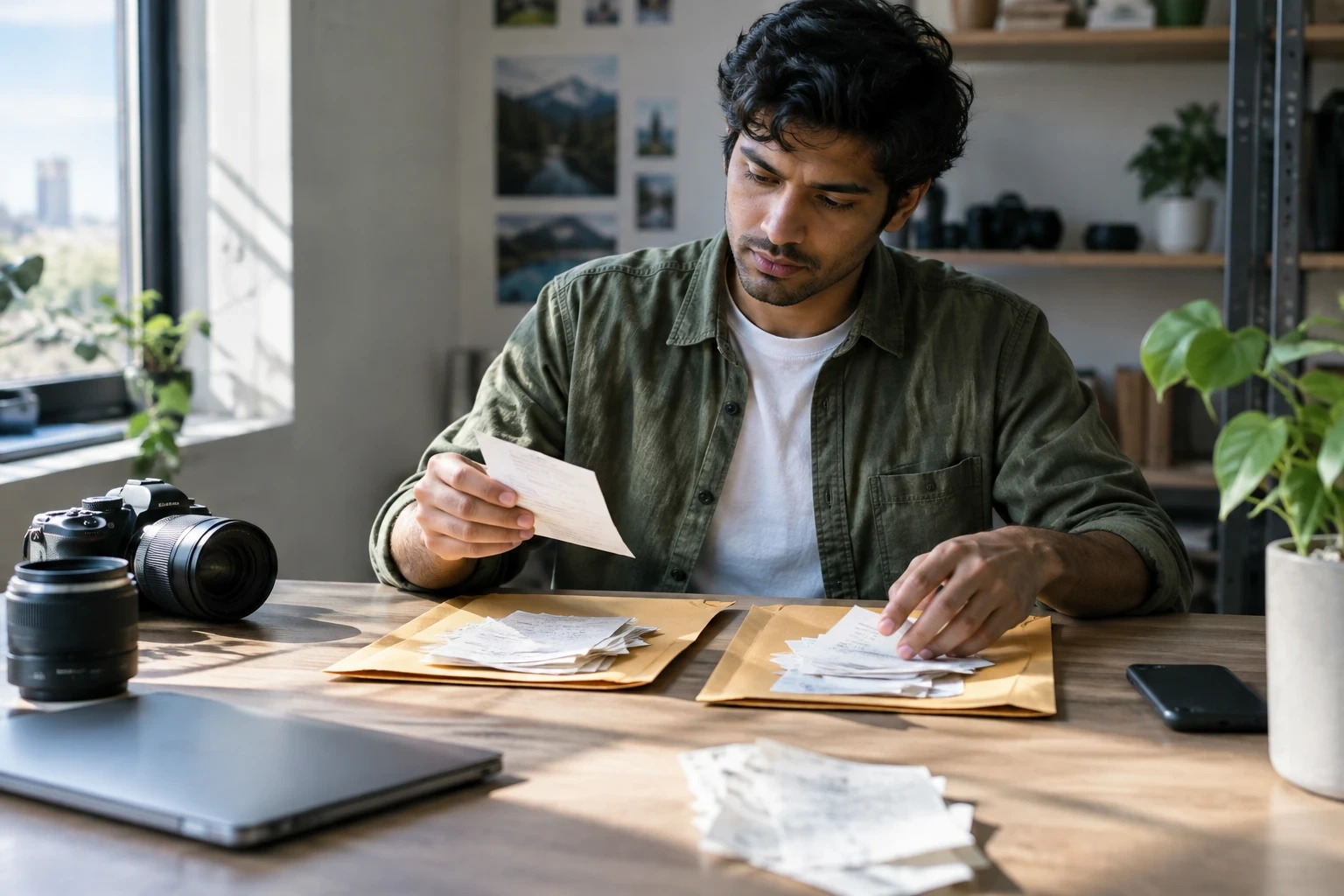 Young freelance photographer sorting receipts into two separate folders to keep business and personal expenses apart
