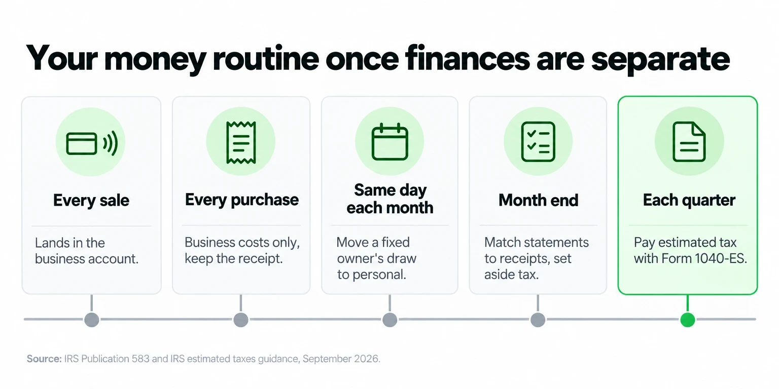 Timeline of a separate finances routine: every sale, every purchase, monthly owner's draw, month-end review, quarterly tax