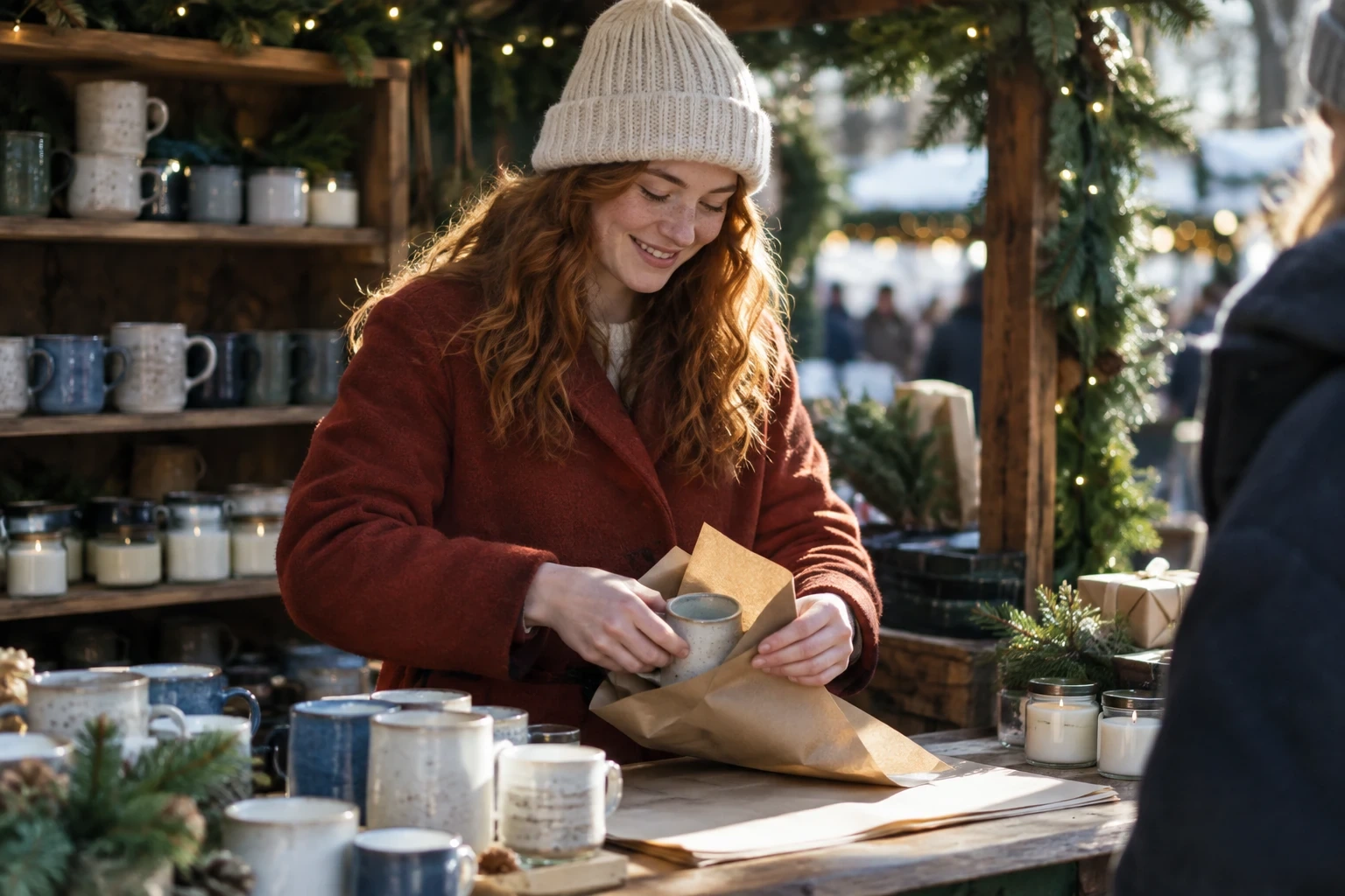 Young vendor wrapping a handmade ceramic mug for a customer at her holiday market stall on Small Business Saturday