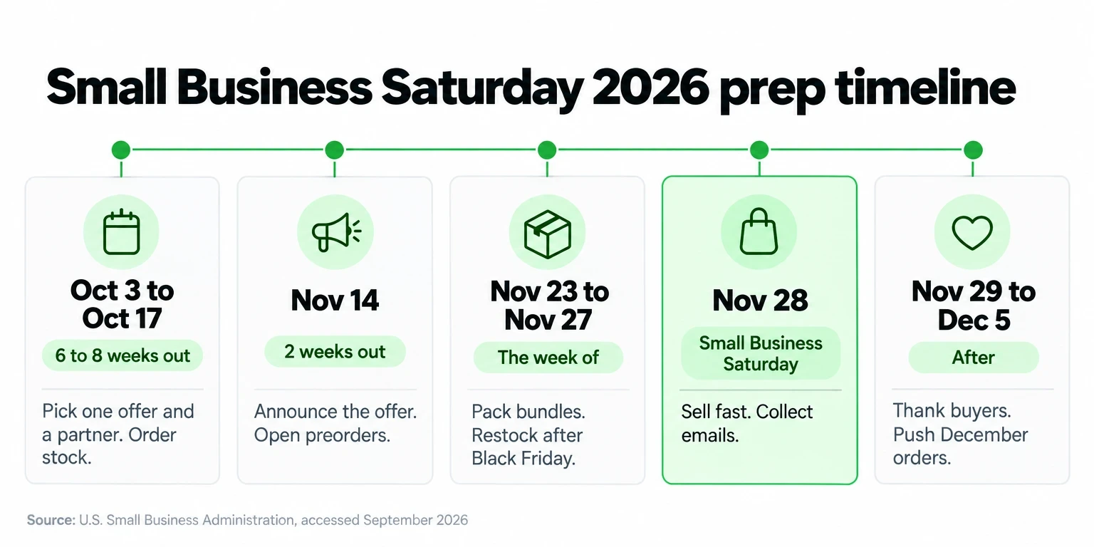 Small Business Saturday 2026 prep timeline from October 3 to December 5, with the event on November 28