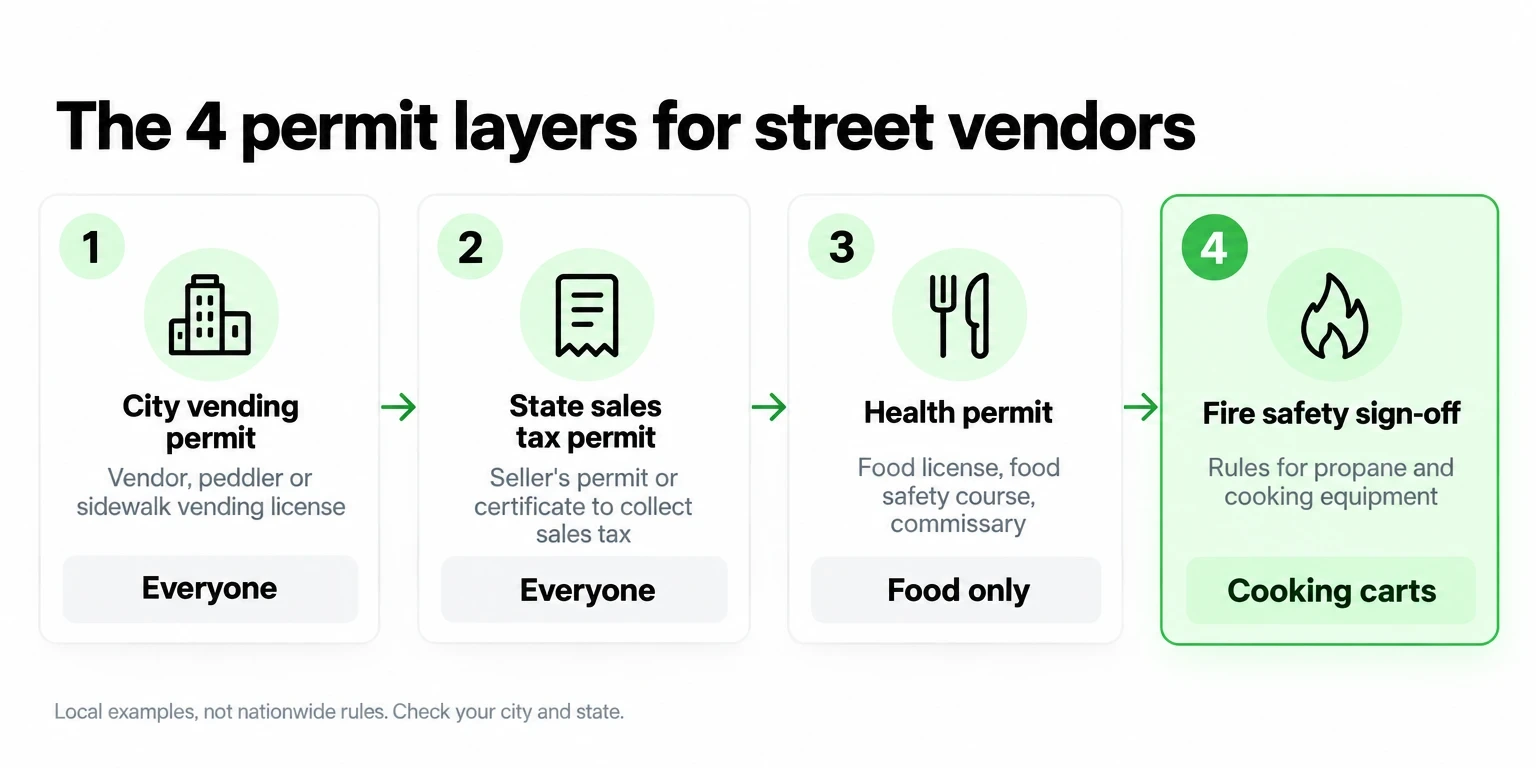 Four permit layers for street vendors: city vending permit, state sales tax permit, food health permit, and fire safety