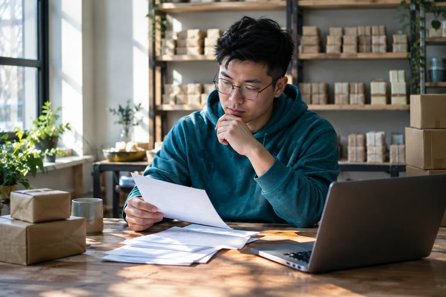 Young online soap seller reviewing tax forms and receipts at his home workshop table