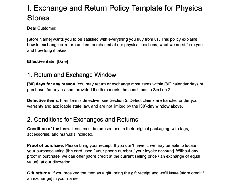 JIM's Return and Exchange Policy Template