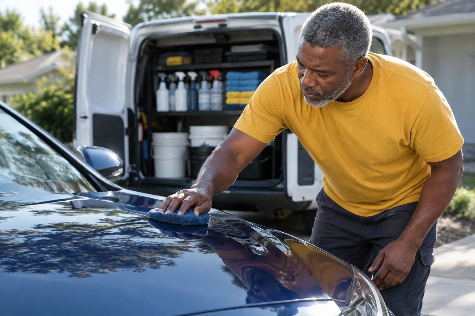 Man polishing the hood of a car in a driveway, with his mobile detailing van open behind him