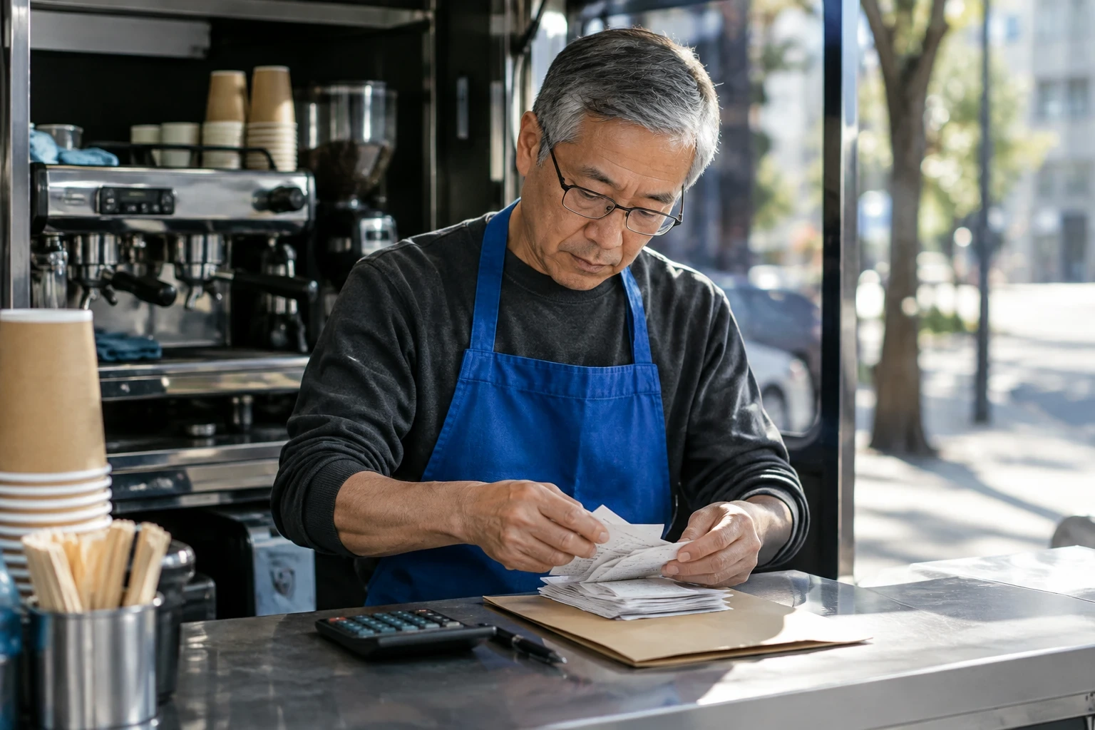 Coffee cart owner in a blue apron sorting paper receipts into a folder next to a calculator at his counter