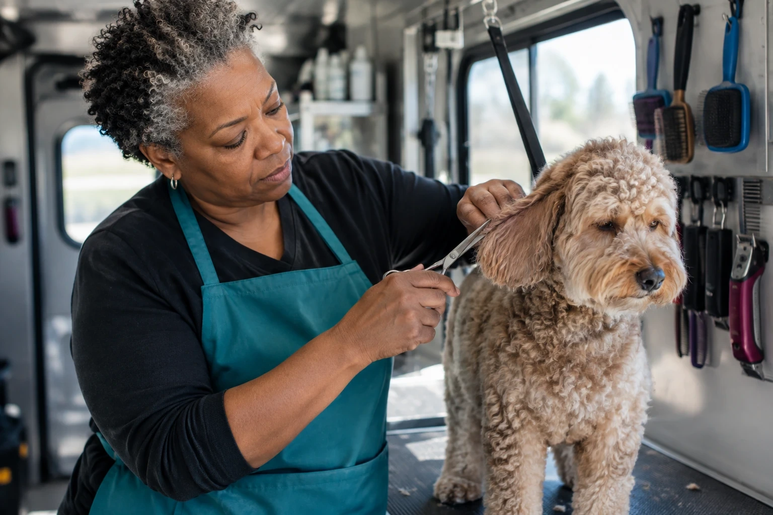 Mobile dog groomer trimming a curly-haired dog inside her grooming van during a workday