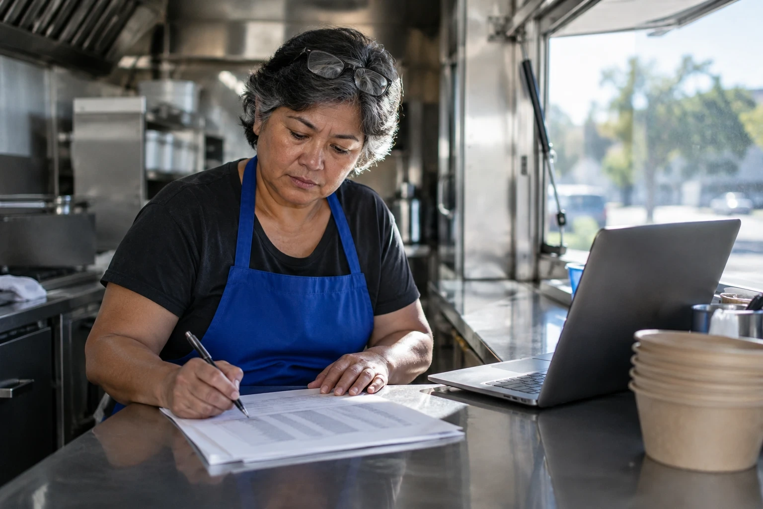 Food truck owner in a blue apron marks her monthly profit and loss printout at the steel counter next to a laptop