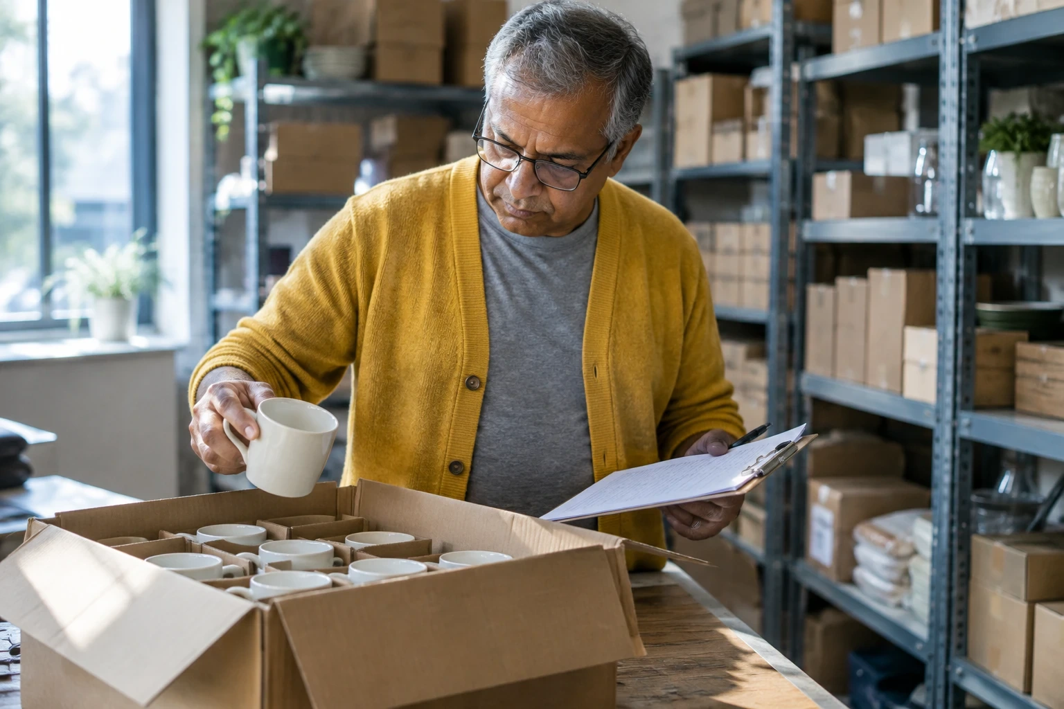 Home goods shop owner in a mustard cardigan checks a wholesale shipment of mugs against a packing list in his stockroom