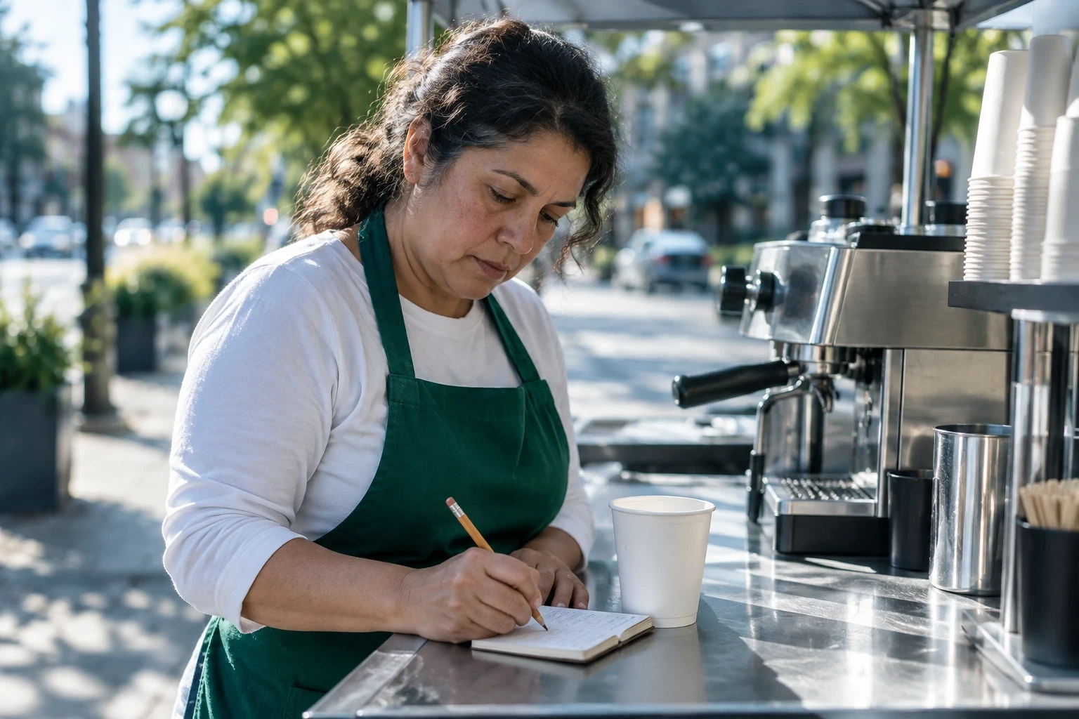 Coffee cart owner in a green apron writes her daily drink count in a small notebook on the cart counter