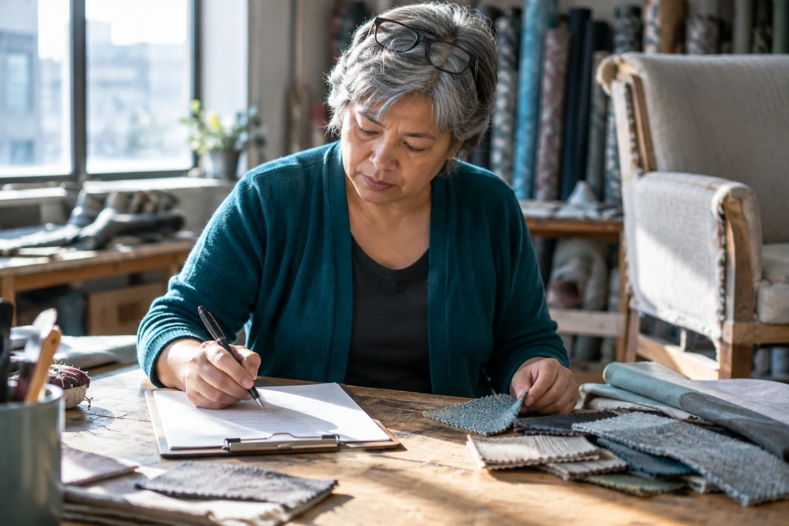 Upholstery shop owner with gray hair writing line items on a paper invoice at her workbench beside fabric swatches