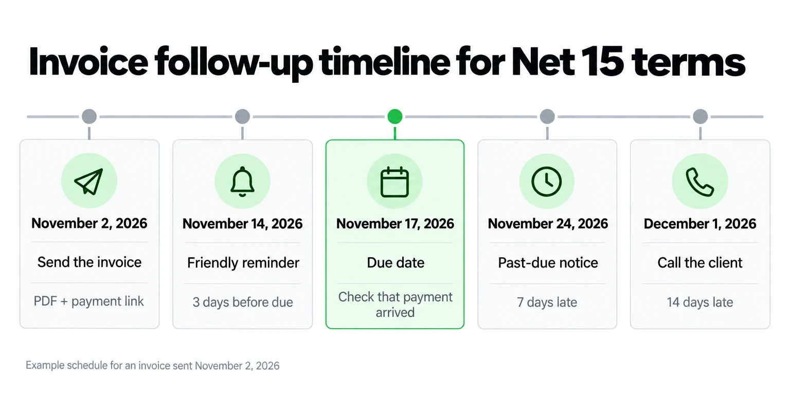 Net 15 invoice follow-up timeline: send November 2, remind November 14, due November 17, notice November 24, call December 1