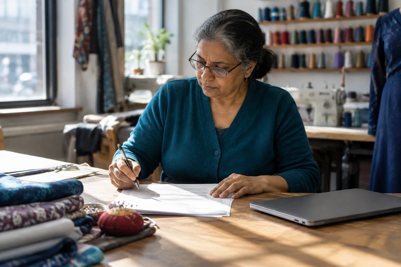 Tailor shop owner signs paperwork at her worktable while setting up her business as an LLC