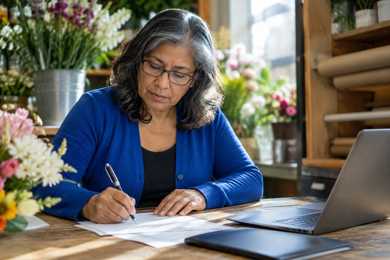 Flower shop owner fills out business paperwork at her worktable next to a laptop