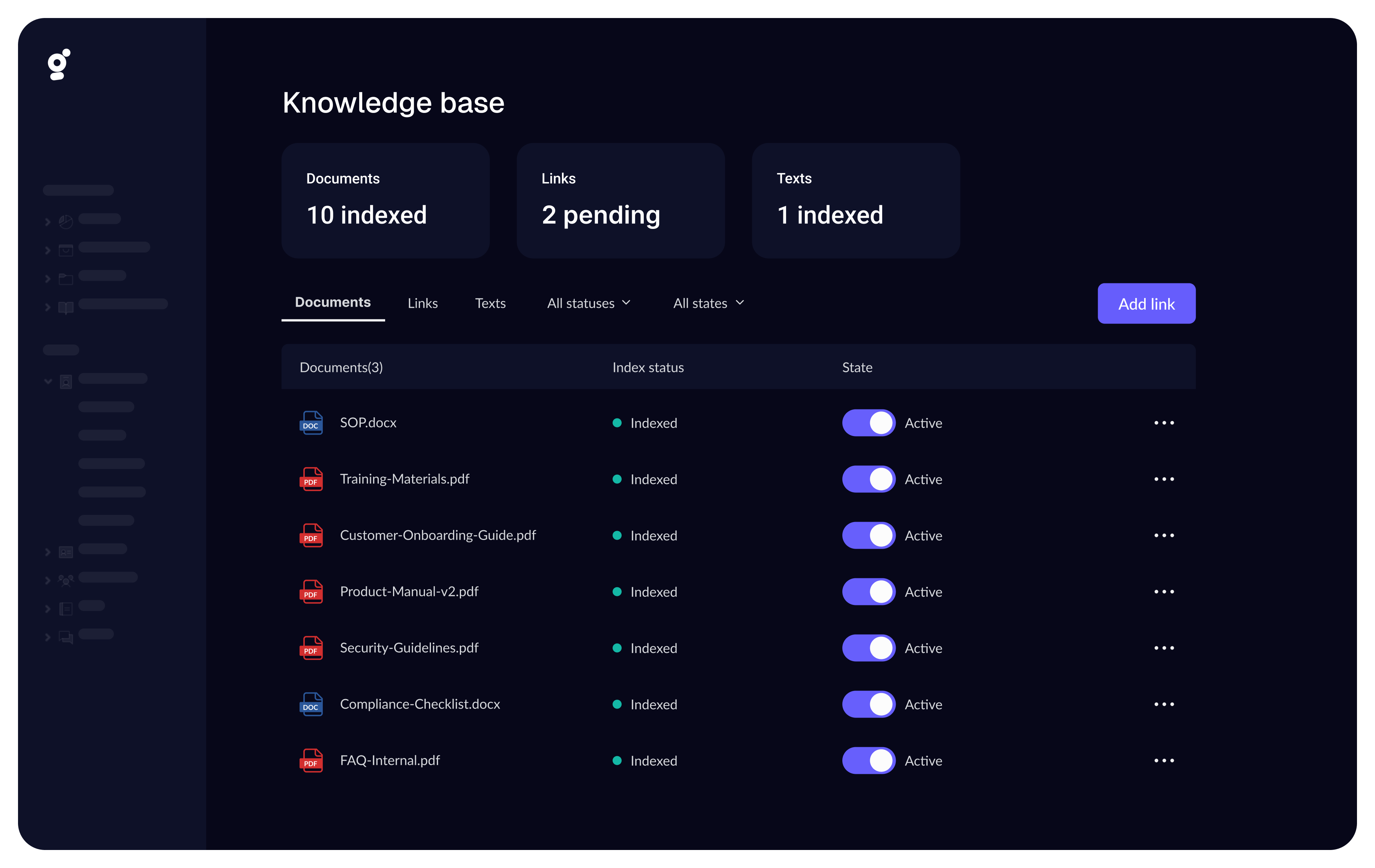 Knowledge base screen listing documents with index status and active toggles; header cards show "Documents 10 indexed", "Links 2 pending" and "Texts 1 indexed" on a dark background.