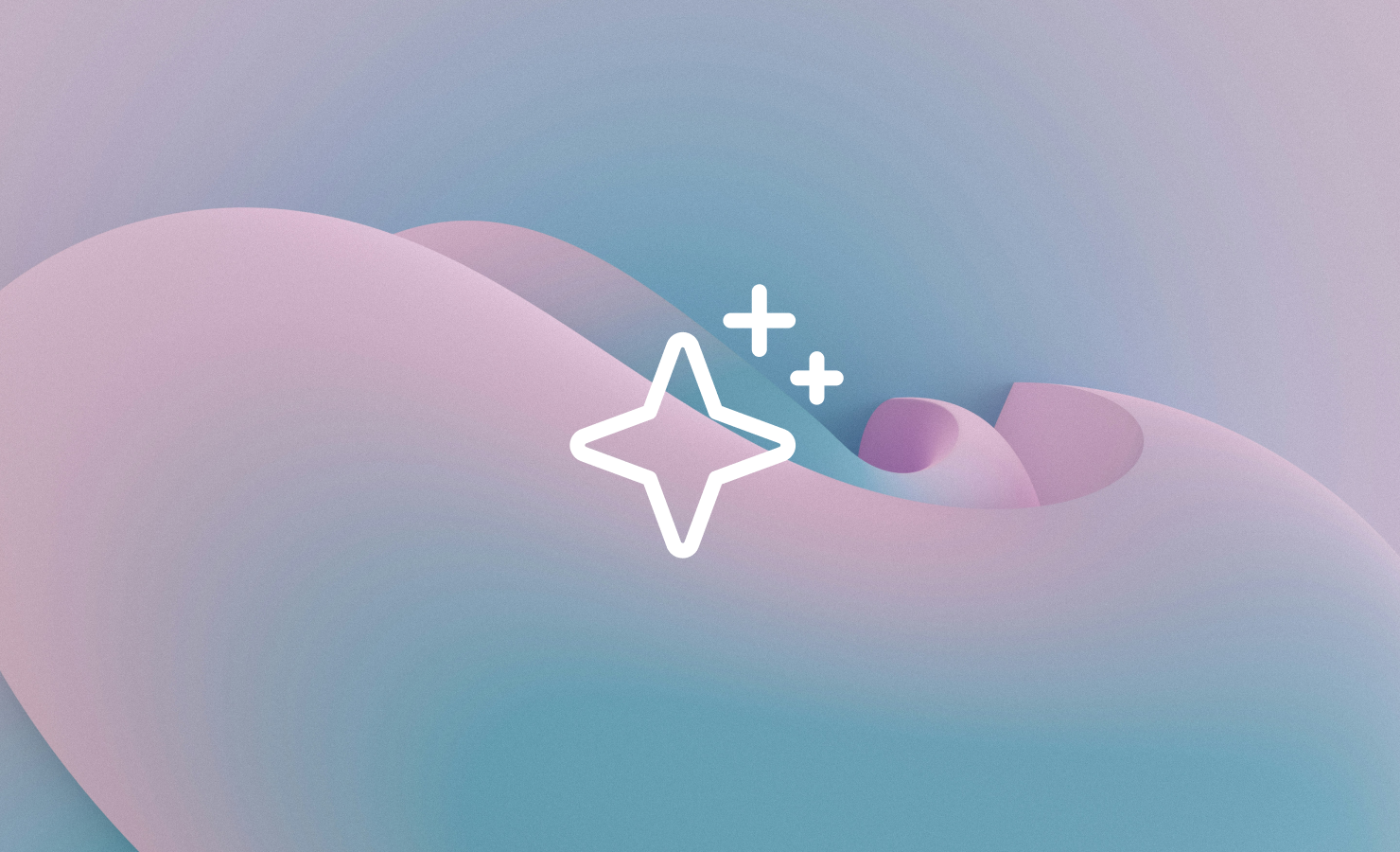 Abstract overlapping shapes with plus sign icon on soft pink and blue gradient.