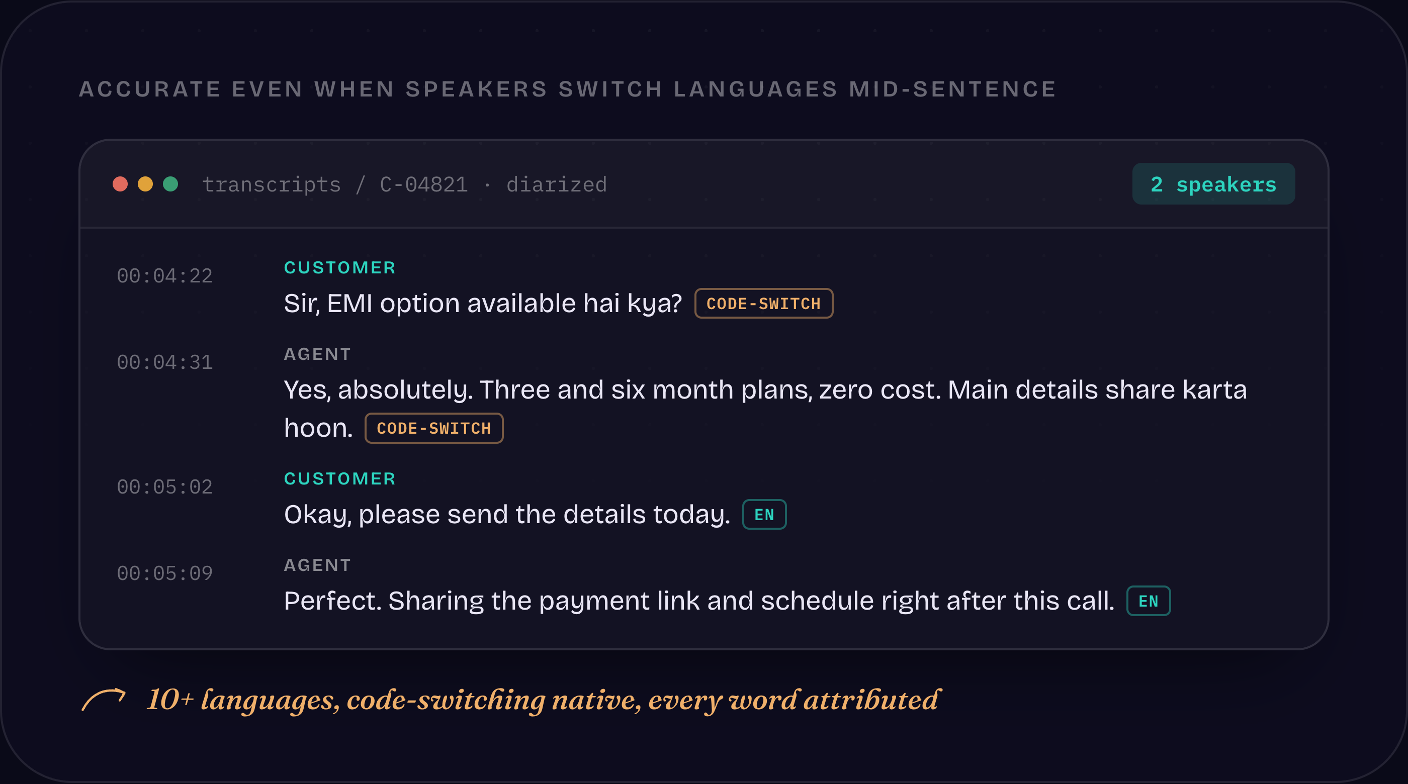 Gistly diarized transcript with code-switching tags and timestamps