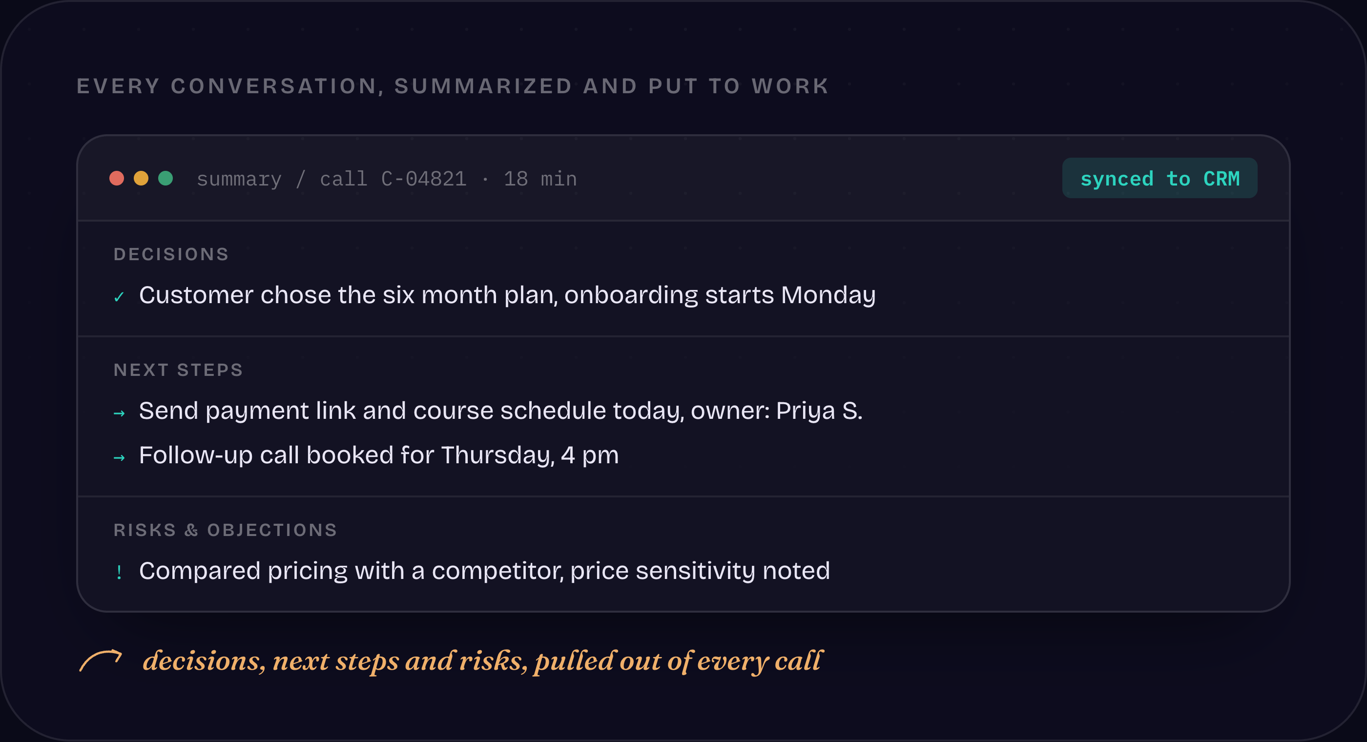 Gistly call summary with decisions, next steps, and risks synced to CRM
