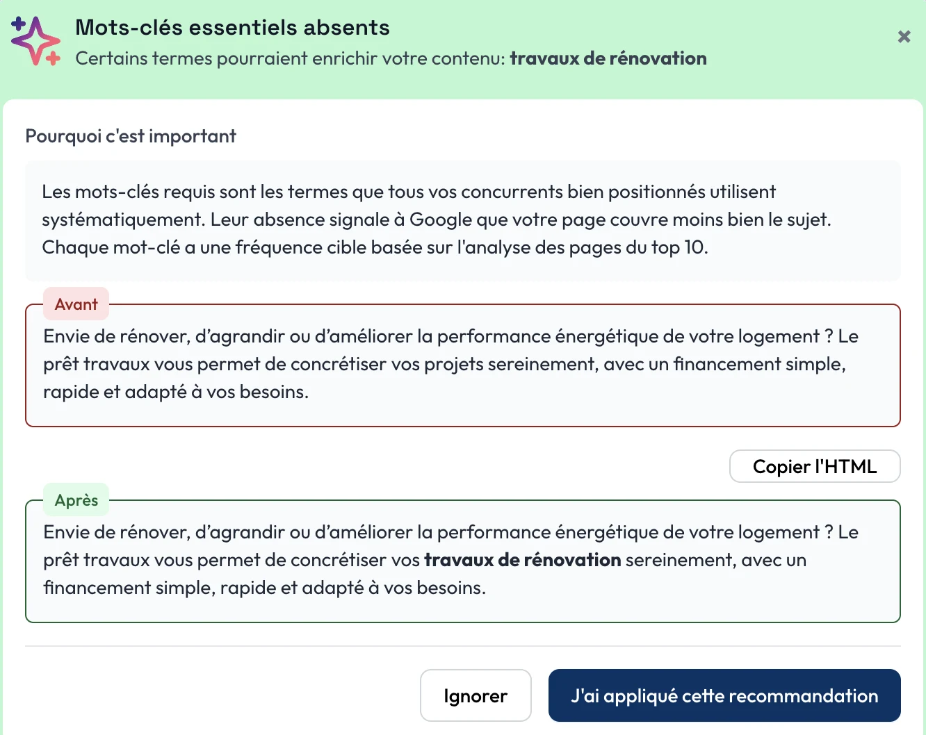 Recommandation Inky : mot-clé essentiel absent, texte avant et après avec le terme intégré et le bouton copier l'HTML