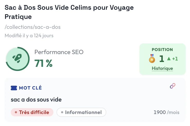 Carte de résultat Inky : page collection sac à dos de Celims en position 1 sur sac à dos sous vide