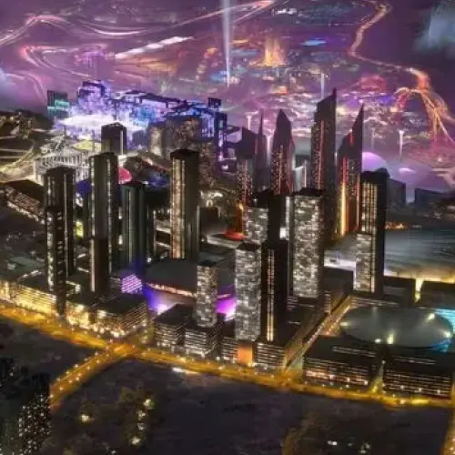 Nighttime aerial view of Qiddiya’s futuristic entertainment and urban development.