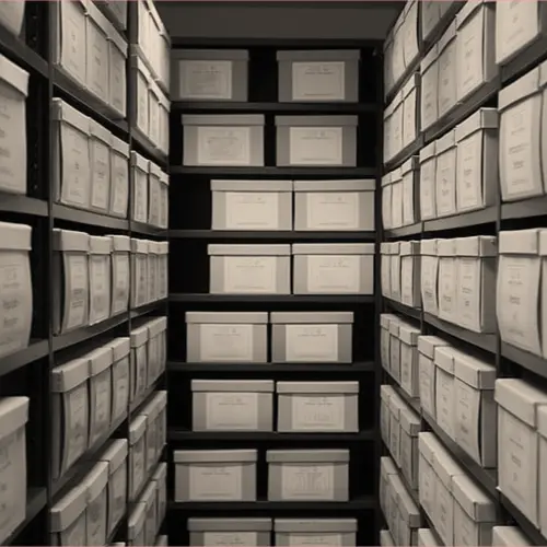 Archive storage room with shelves lined with labeled document boxes, representing records management, legal document retention, and information governance.