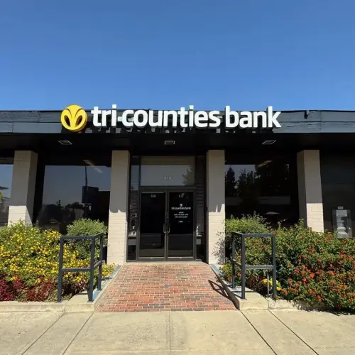 Tri Counties Bank branch entrance with company signage.