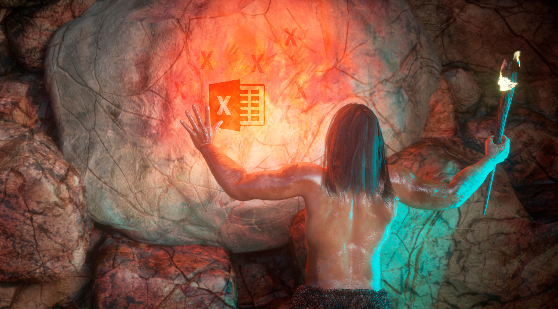 Un homme des cavernes contemple une fresque rupestre sur laquelle est peint le logo d'Excel, évoquant le caractère obsolète de cet outil