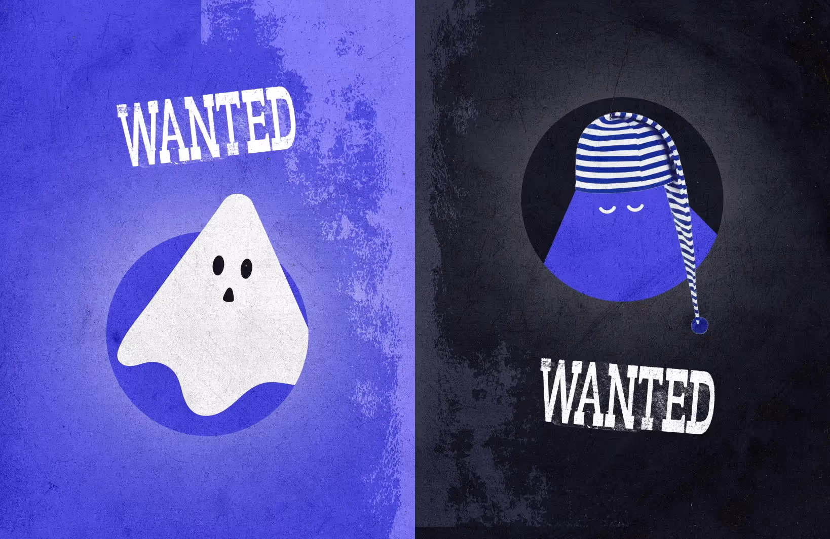 Image scindée en deux façon poster "Wanted" avec à gauche un nacho fantôme et à droite un nacho qui dort, illustrant les comptes fantômes et les comptes dormants
