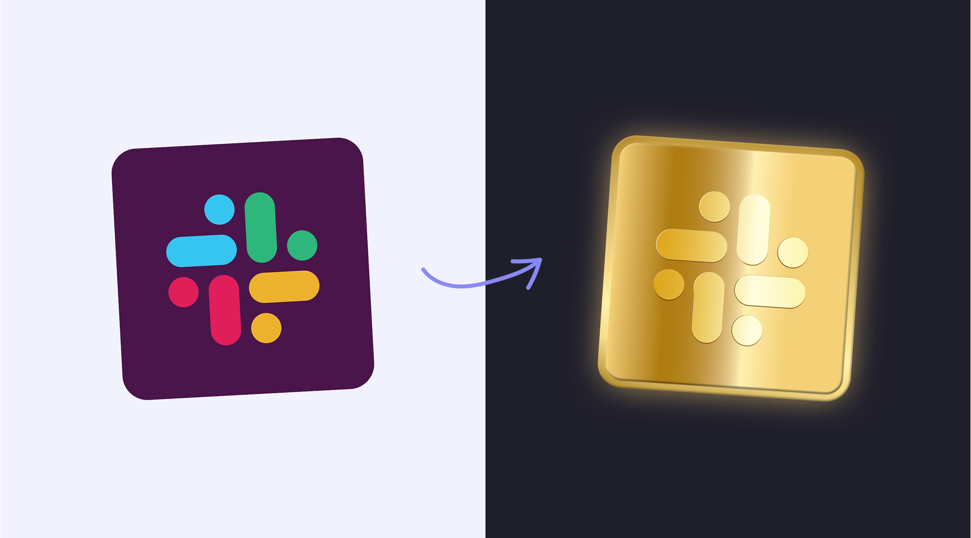 Icône du SaaS Slack face à sa version en or massif