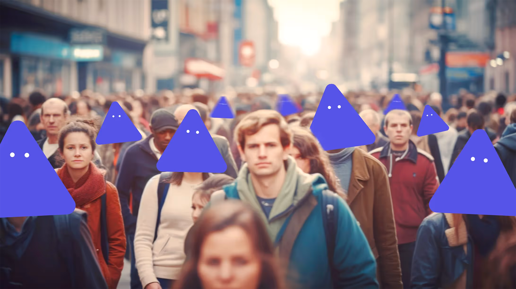 Une foule de personne dont certaines masquées par une forme évoquant le nacho mascotte de MIA qui représente les multiples identités