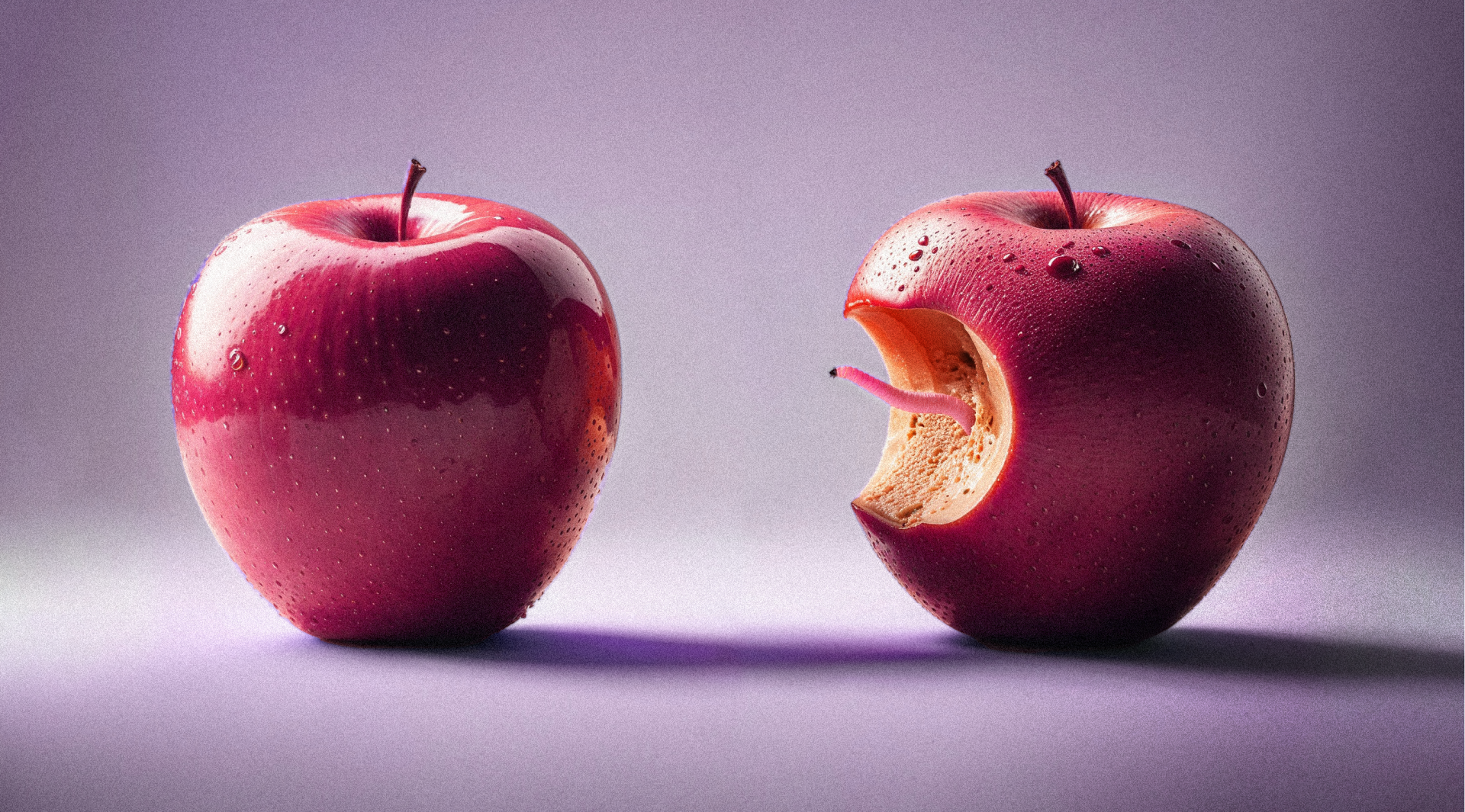 Une pomme dont une face paraît appétissante et l'autre qui est flétrie et a été rongée par un ver de terre