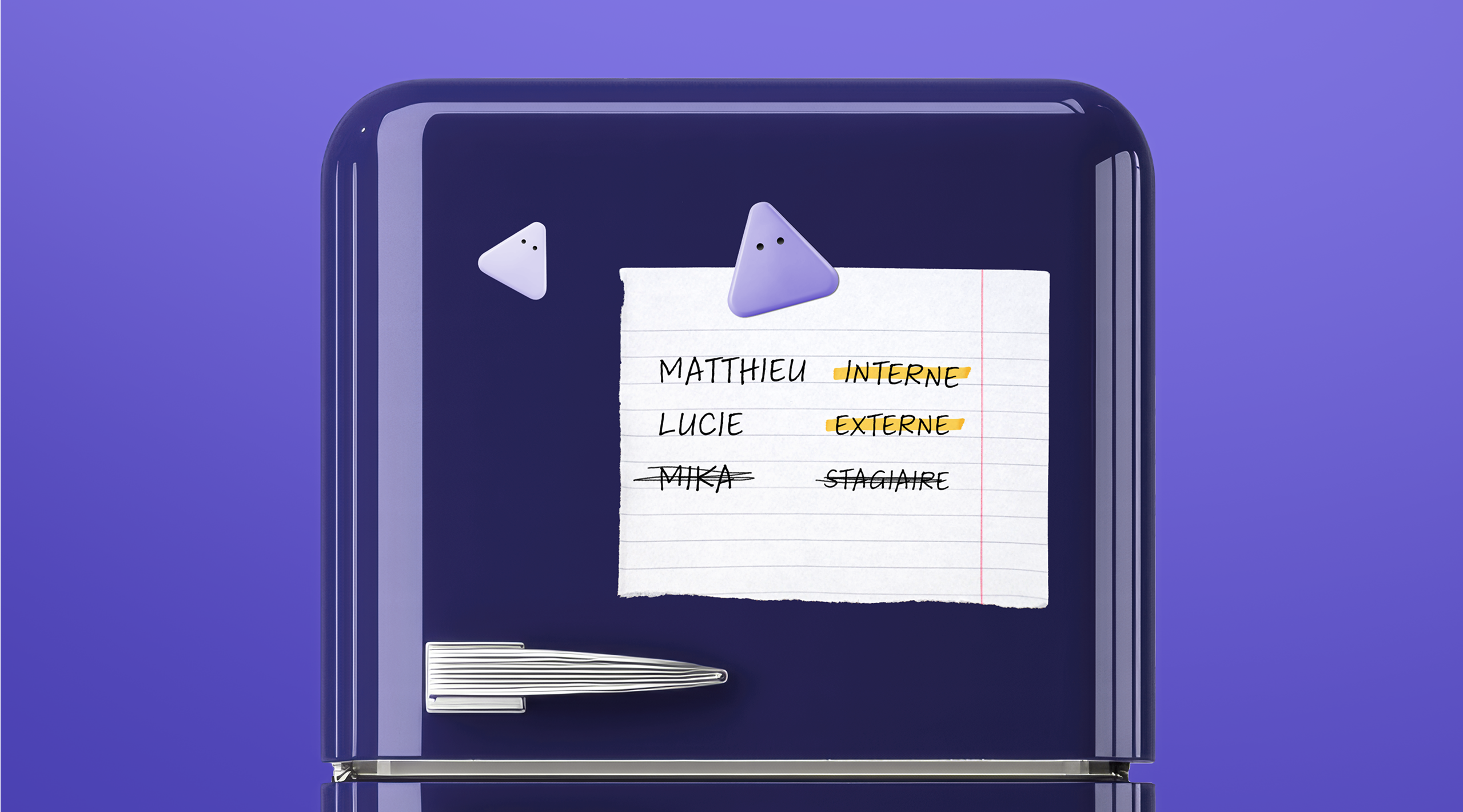 Un frigo sur lequel un document est attaché par un aimant qui liste les utilisateurs et leur statut au sein de l'entreprise