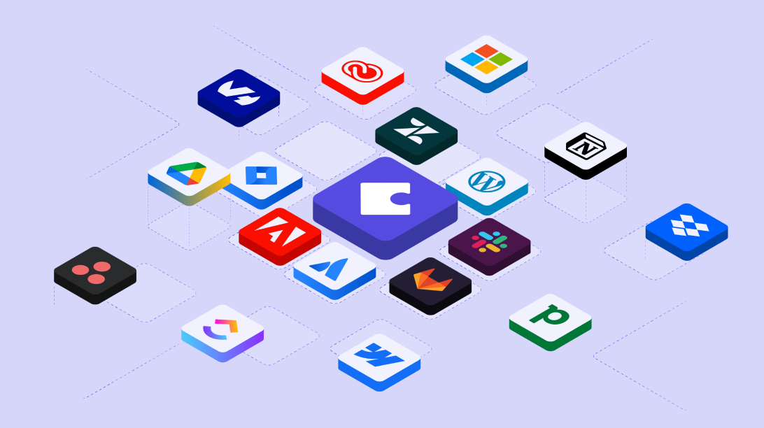 Multiple tiles with different SaaS logos are laid out around a bigger, central piece with MIA's logo, to represent the concept of SaaS Management.