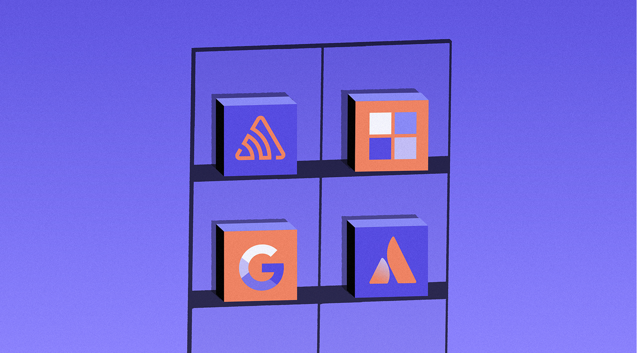 Illustration of a shelf with four SaaS blocks in shades of purple and orange