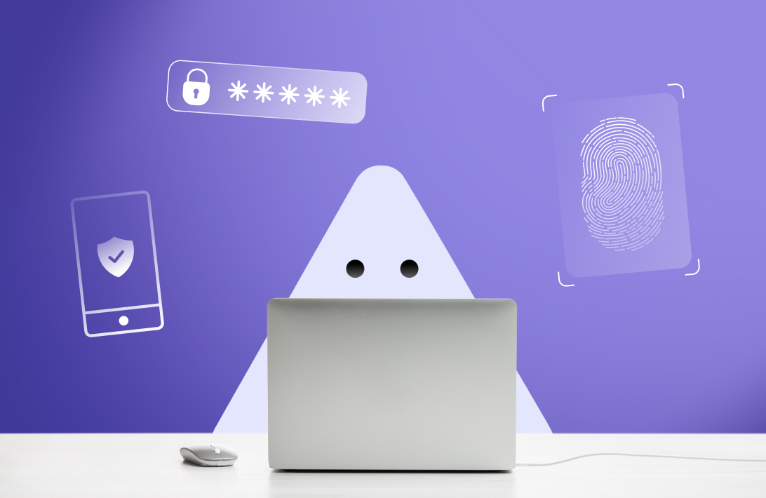 A nacho, MIA’s mascot, is sitting in front of their laptop. Floating around them are various authentication elements, such as a fingerprint, a smartphone and a password