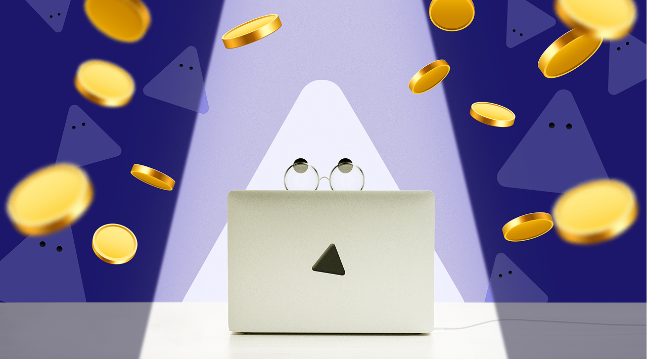 A nacho sitting in front of a laptop cannot see all the coins and users hidden in the shadows around them