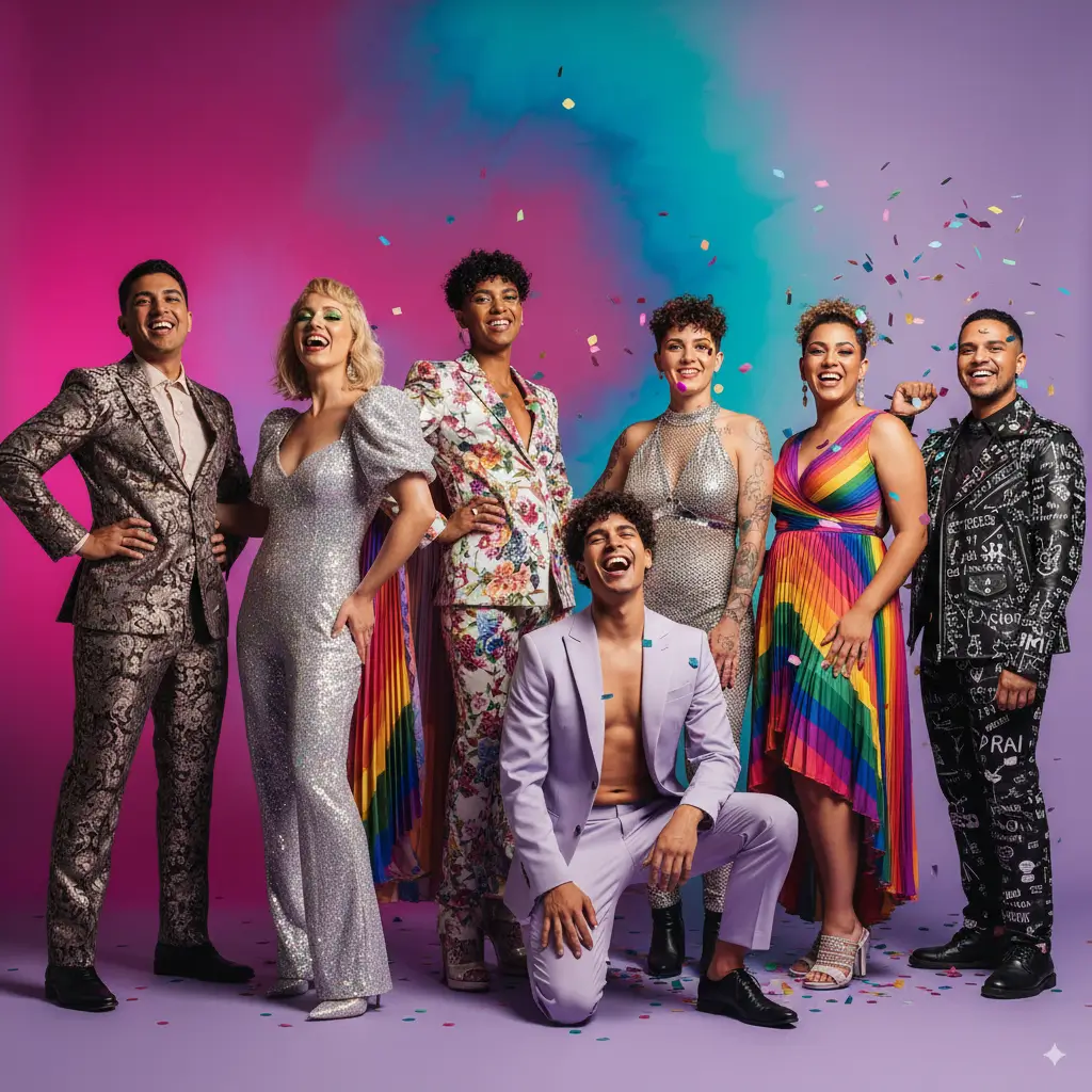 The image captures a joyful moment among four friends celebrating with a vibrant and colorful backdrop. They are laughing and embracing each other, exuding a sense of happiness and togetherness. Two of the individuals are holding a rainbow flag, symbolizing LGBTQ+ pride. Their clothing is eclectic and expressive, with one person sporting a brightly patterned shirt, another in a green wig, and the others in stylish, modern attire. The atmosphere is one of celebration, freedom, and open expression of identity, likely taken at a pride event or a similar gathering.