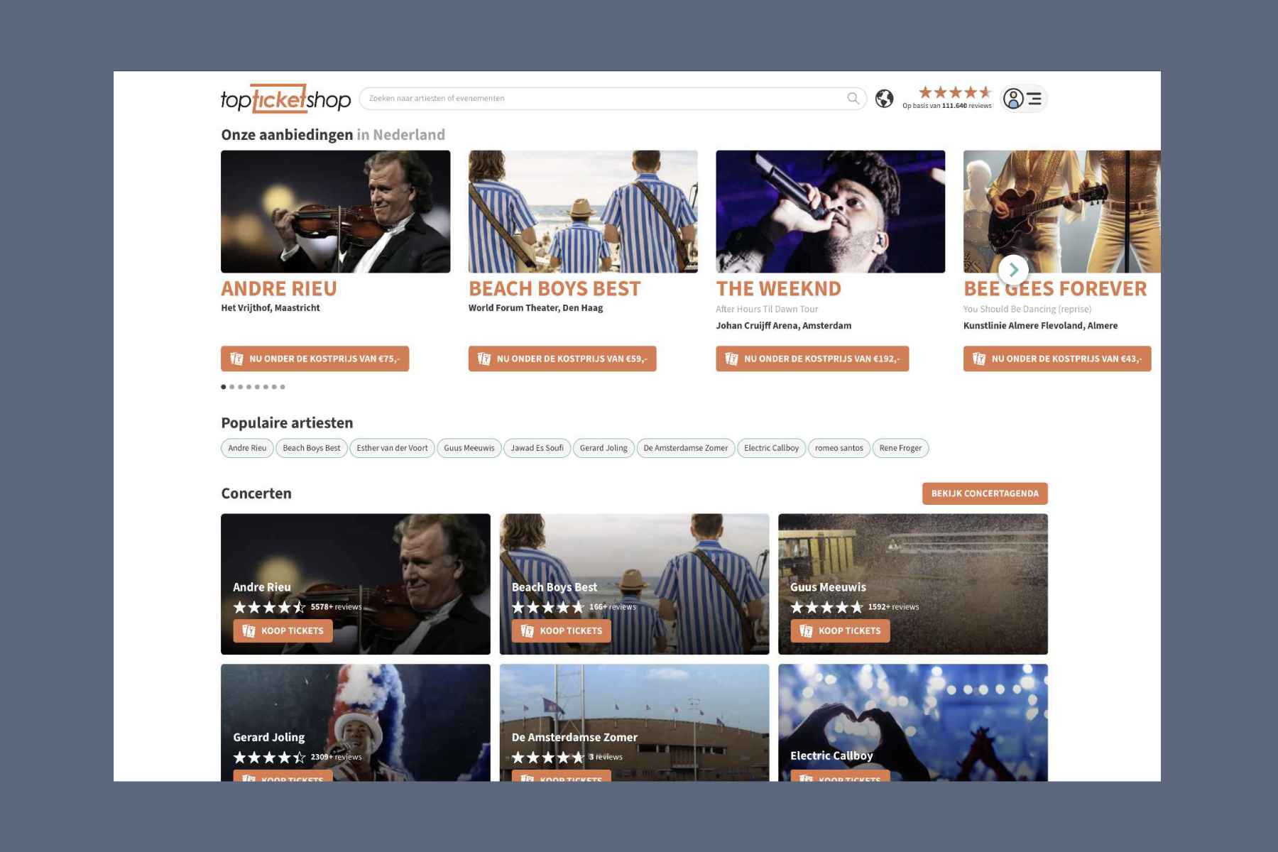 Website homepage showing ticket offers for André Rieu, Beach Boys Best, The Weeknd, and Bee Gees Forever concerts.